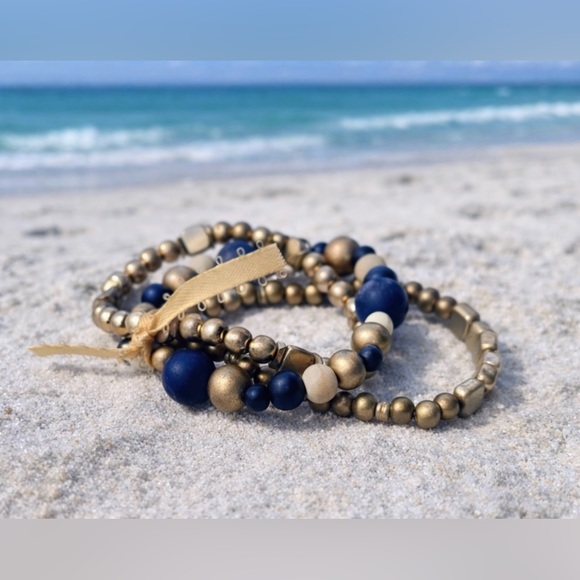 Handmade Jewelry - Artisan Boho Gold Tone Lapis Wood Beaded Stretch Bracelet Set Handcrafted